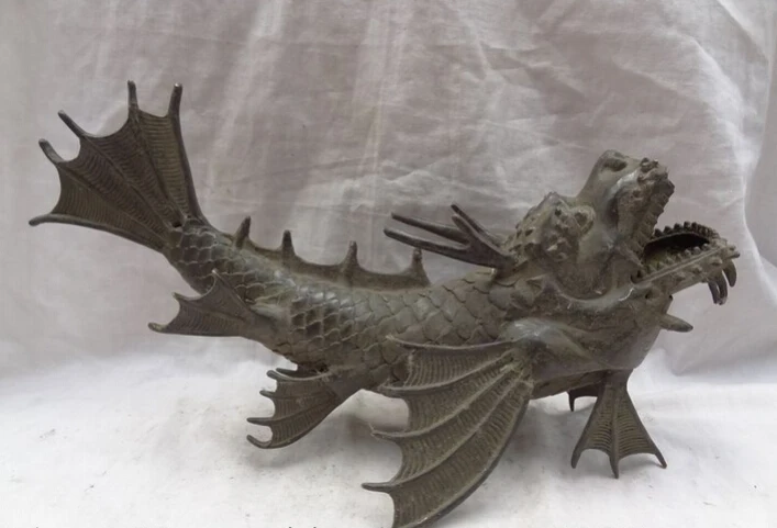 

song voge gem S3655 14" Chinese Bronze Sculpture Chinese Scleropages Formosus Dragon Fish Statue