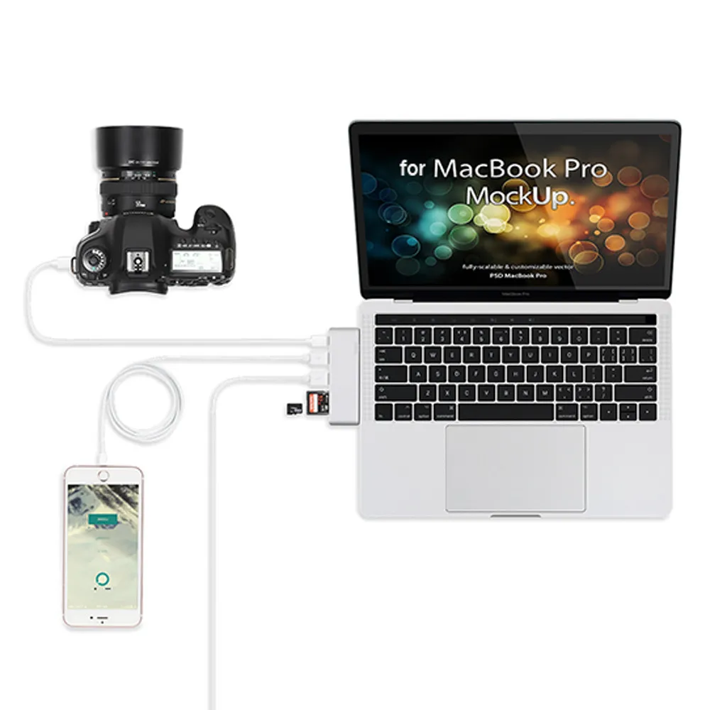

Kinganda NEW USB Hub High Quality Aluminum Alloy 5in1 Type C To USB3.0+Type C+Card Reader Adapter Hub For Macbook PC BK #3 L0405