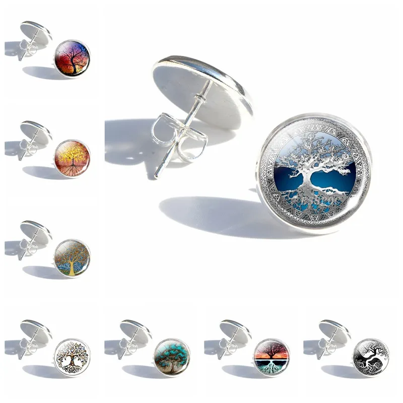 

Tree of Life Tibetan Stud Earrings Women Girls Fashion Glass Crystal Silver Alloy Earrings Life Tree Jewelry