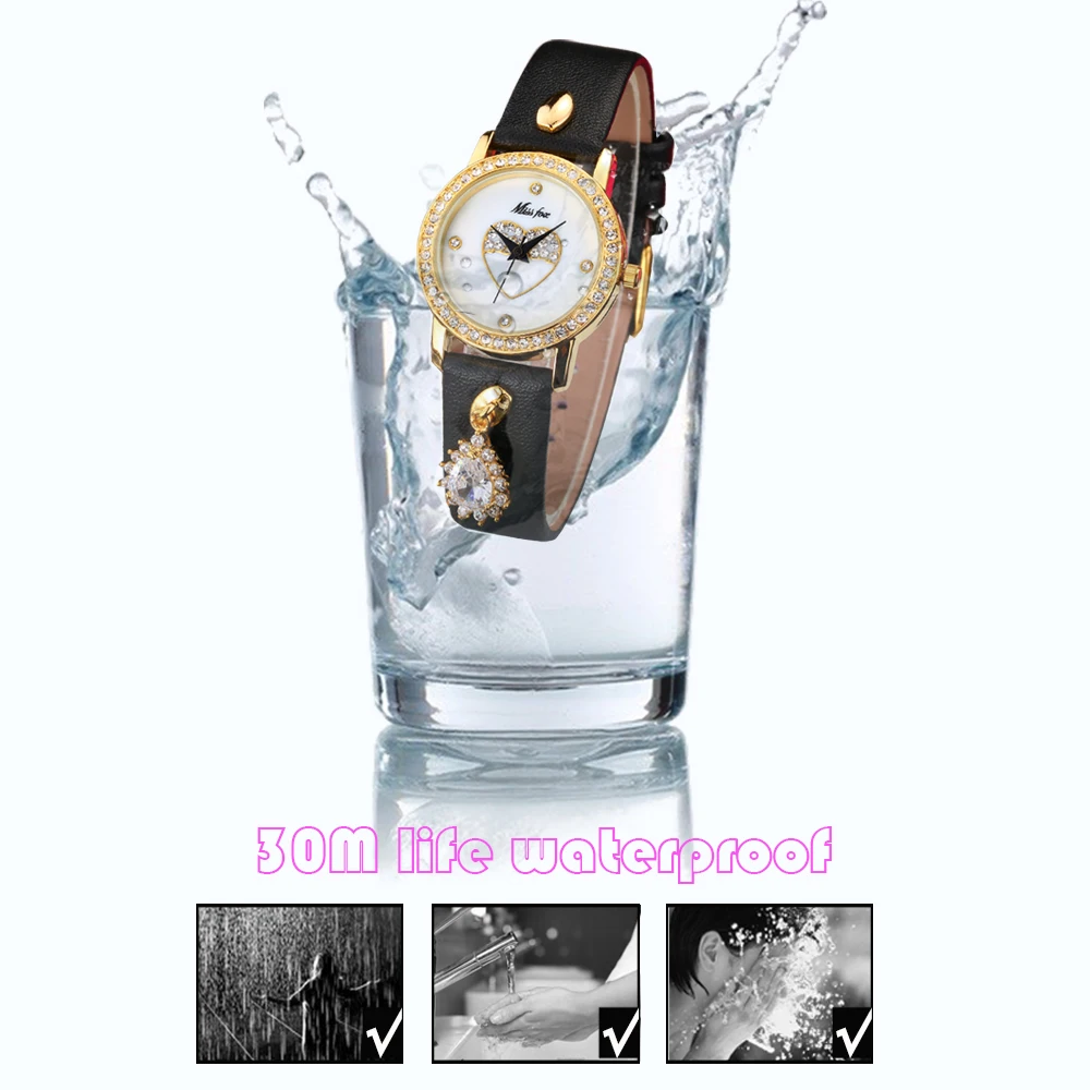 MISSFOX Miss Fox Loving Heart Pattern Womens Watch Leather Gold Waterproof Quartz Wristwatch Girl Starry Blue Stone Montre Femme (11)