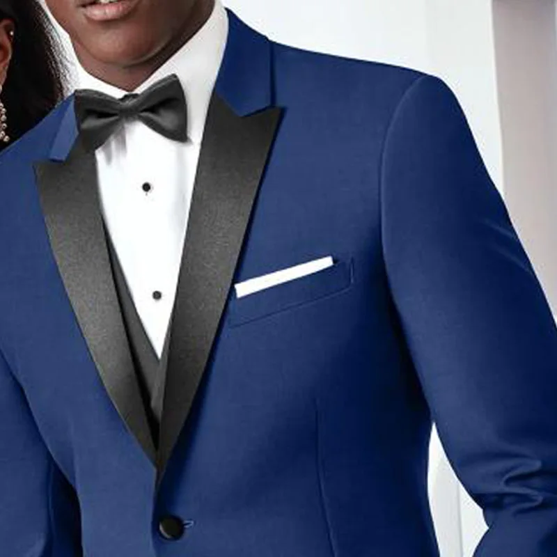 Королевский синий свадебный смокинг для жениха, мужской костюм из 3 предметов, деловой приталенный мужской костюм на выпускной, пиджак, брюки с черным жилетом - Цвет: Same as Image