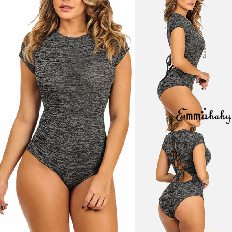 Модные женские туфли Повседневное короткий рукав боди комбинезон спинки Lace-Up Bodysuit-Короткие штаны