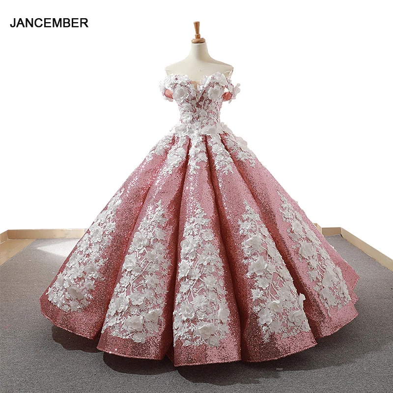 J66662 jancember розовые Бальные платья распухшие с плеча белые цветы бальное платье блестящее бальное платье