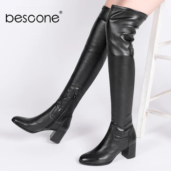 

BESCONE Women Over-The-Knee Boots New Fashion Genuine Leather Sexy Pointed Toe Shoes Casual Outside Square Heel Ladies Boots B77
