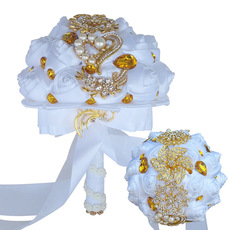 WifeLai-Золотая брошь для невесты, держащая букет цветов, белое золото, кристалл, чистый белый шелк, Свадебный букет невесты, W227-1