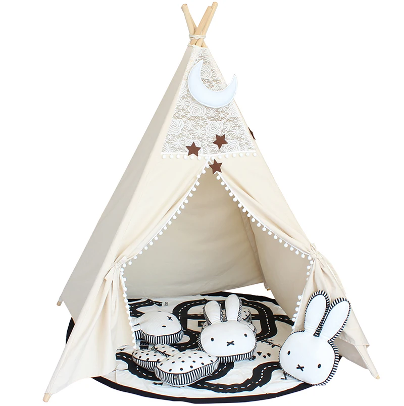 Tenda para Crianças Teepees para Crianças Tenda para Bebê Laço Tipi Algodão Playhouse Dobrável Jogar Leitura Canto Extra 5 Usd Cupom 8 Laço tipi tenda para crianças algodão teepees