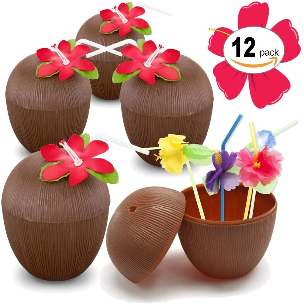 

Plastic Coconut Cups For Fun Hawaiian Luau Children Parties Bulk 12 Pack Comes With Straw And Flower Tiki And Beach Theme Party