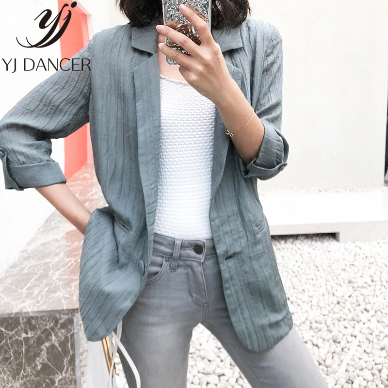 

Cotton Linen Retro Striped Small Suit Jacket Female 2019 Spring Autumn Korean Casual Striped Loose Coat Seven-Quarter Sleeve