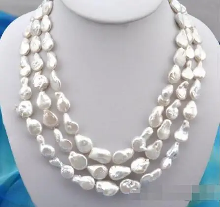 

Free Shipping >>3row 20" 19mm baroque white freshwater pearl necklace