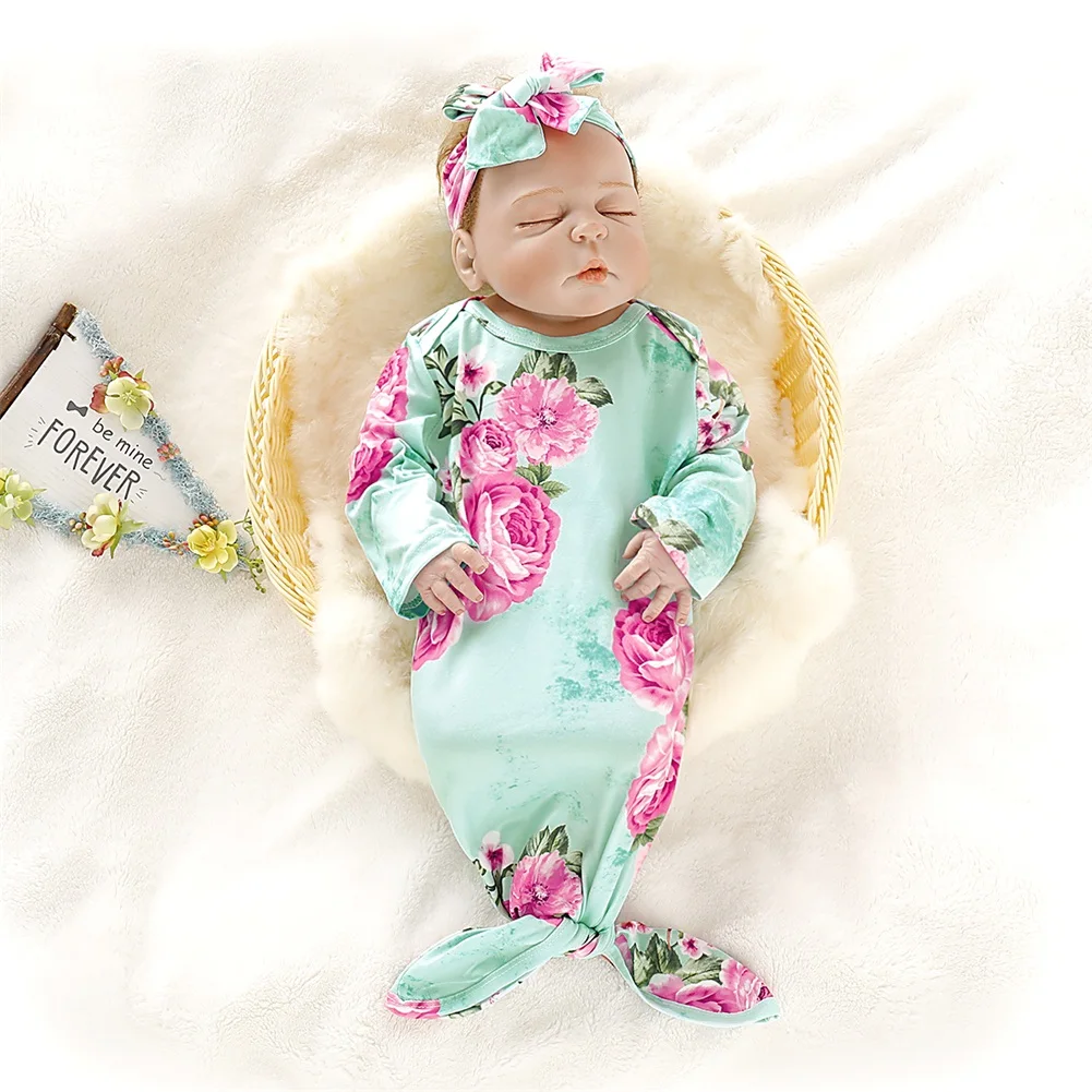 US Новорожденный Младенец Девочка Мальчик Пеленки с цветами Обернуть Одеяло для сна мешок + Набор резинок для волос