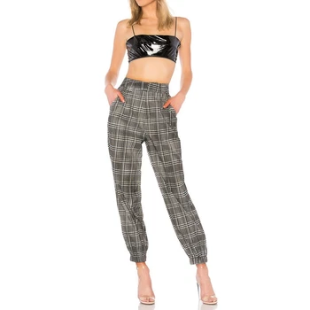 

New Summer Women Casual Elastic High Waist Bandage Ankle-Length Plaid Pants