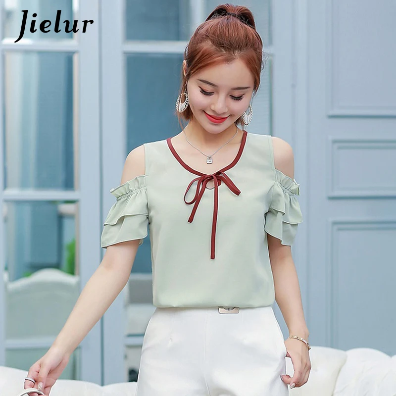 Jielur шифоновая женская блузка с открытыми плечами летняя коротким рукавом