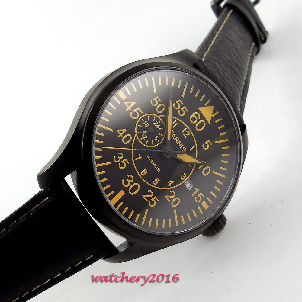 

Newest Hot 44mm Parnis Black Dial pvd Complete Calendar orange marks Luminous Miyota Automatic Mechanical Men's Wristwatches