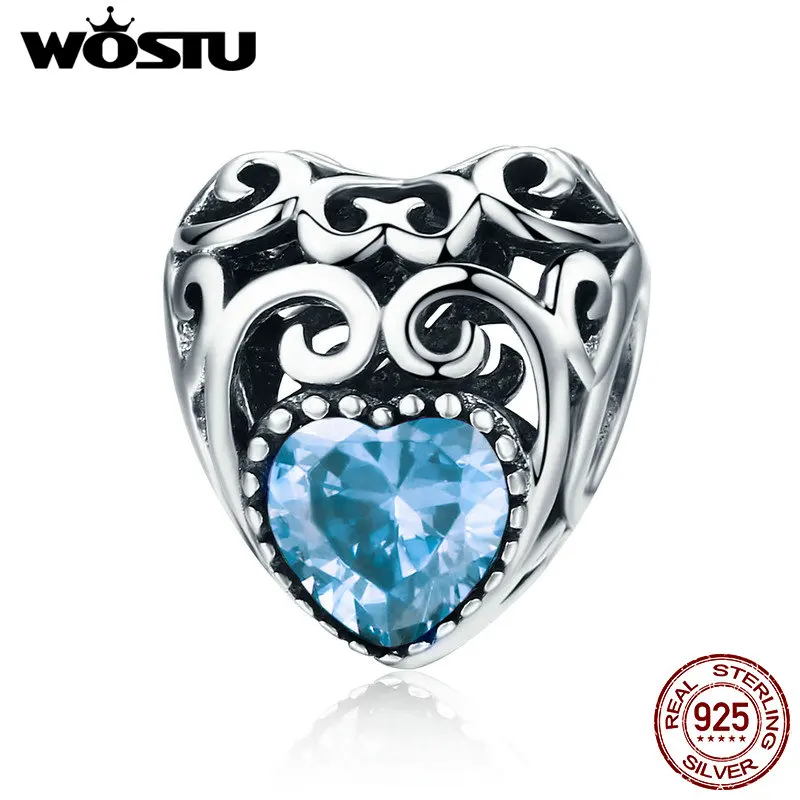 

WOSTU New Style 925 Sterling Silver March Birthstone Signature Heart Beads fit Original Charm Bracelet Jewelry Gift CQC573