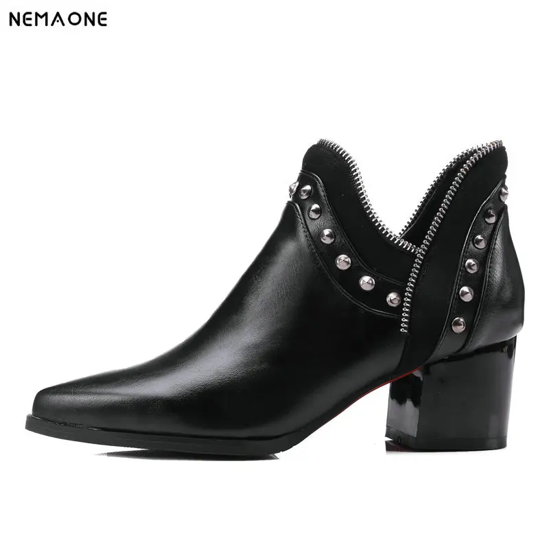 

New 6cm high Heel women boots fashion poined toe ankle Boots woman rivets casual shoes woman black gray yellow large Size 34-43