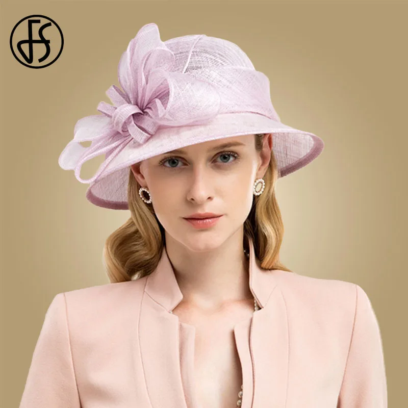 

FS Pink Purple Ladies Sinamay Hat Big Flower Wide Brim Fedoras Elegant Women Church Hats Formal Kentucky Derby Fascinator Party