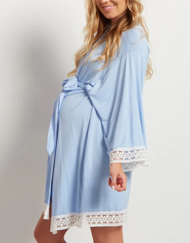Пижамы для беременных, ночное белье, кружевные однотонные ночные рубашки для беременных женщин, кормящих грудью, ночная рубашка - Цвет: baby blue