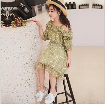 

girls chiffon dresses 2019 summer kids Dew shoulder dress print girl princess dresses sweet girl summer belle clothes