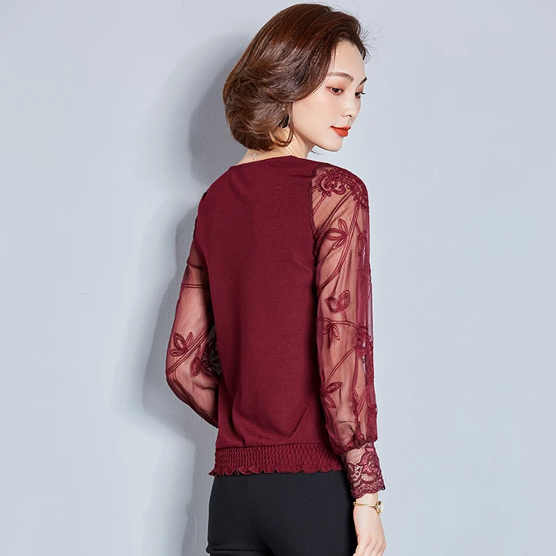 2019 mujeres Blusas Tops y Ropa de manga larga de encaje de malla blusa Blusas Femininas Ropa de Mujer negro rojo caqui 2019 mujeres Blusas Tops y Ropa de manga larga de encaje de malla blusa Blusas Femininas Ropa de Mujer negro rojo caqui