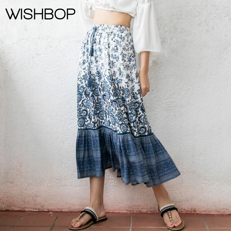 Летний женский красный/синий винтажный богемный стиль цветочный принт Skrit с эластичной талией-Женская Бохо шикарная Повседневная пляжная одежда