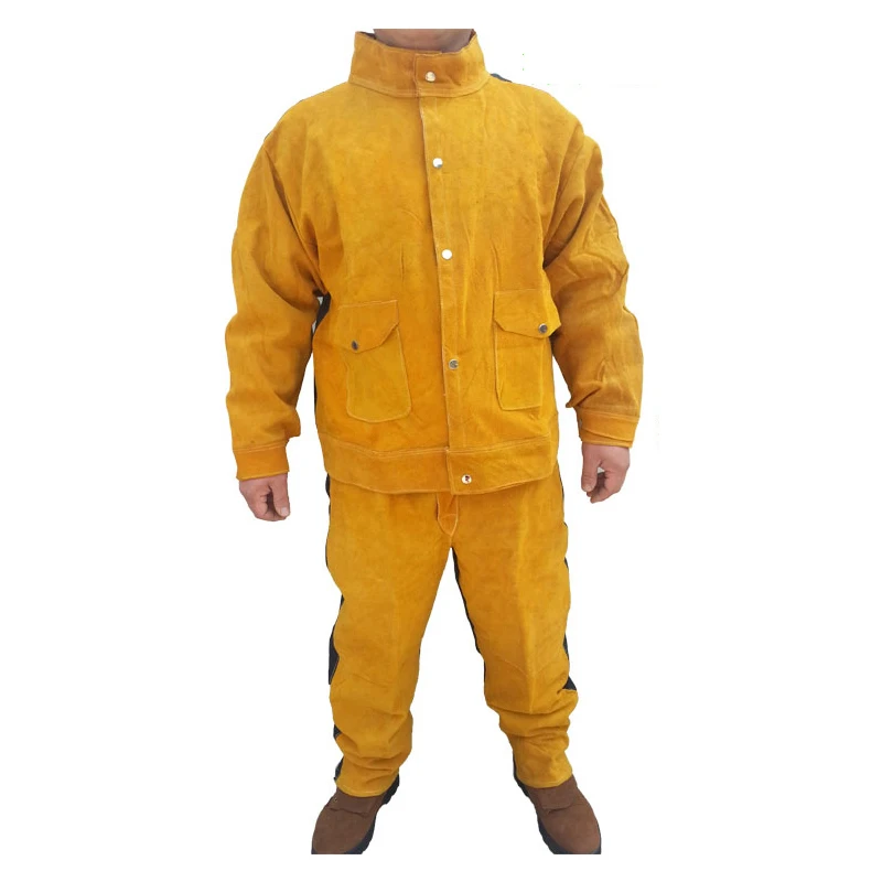 Acheter Sécurité En Cuir De vache De Soudage Vêtements 1 Set Sodering Maillot et un Pantalon Long De Protection À Souder Custome pour Hommes et Soudeurs GM1013