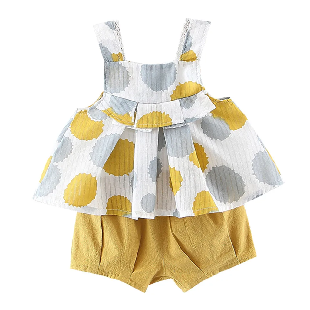 Одежда для маленьких девочек Однотонные шорты в горошек без рукавов, топики с принтами+ комплекты одежды из 2 предметов летний комплект - Цвет: Цвет: желтый