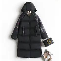 Новые женские Большие размеры дамы 5XL с длинным рукавом повседневное свободные плед в полоску Зимняя хлопковая куртка капюшоном теплая
