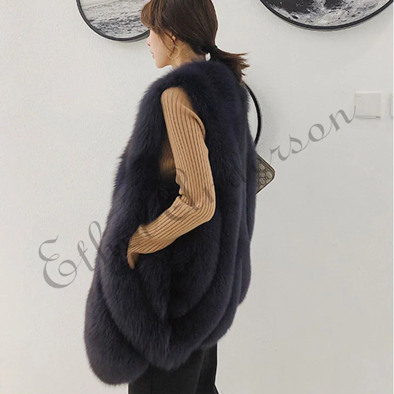 ETHEL ANDERSON для женщин натуральный Лисий мех жилет жилеты V Воротник Женский длинный стиль Мех животных пальто цвета куртк