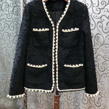 Осень новые Для женщин одежда с длинным рукавом контраст Цвет отделкой короткие твидовый пиджак с передними карманами и бисером края дамы Твид куртка