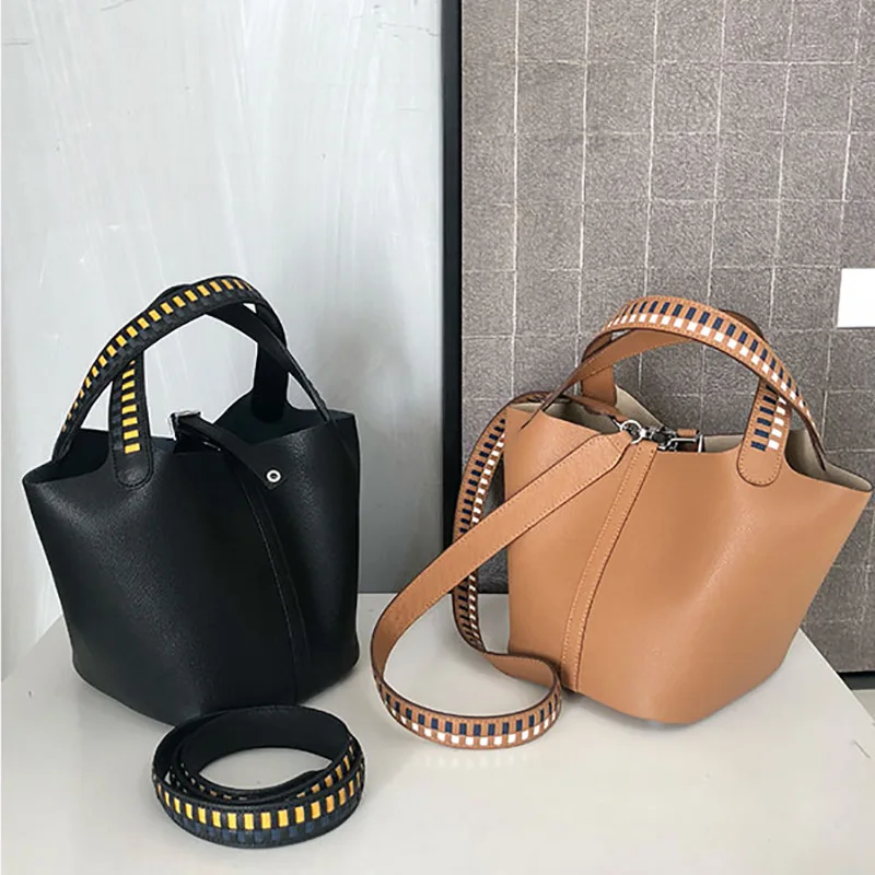 

High quality autumn and winter new contrast color wide shoulder strap palm pattern kale basket bag leather bucket bag
