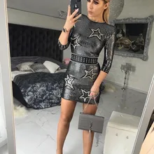 Новое поступление, модные вечерние мини-платья с круглым вырезом и блестками, украшенные пятиконечной звездой, со средним рукавом, с блестками