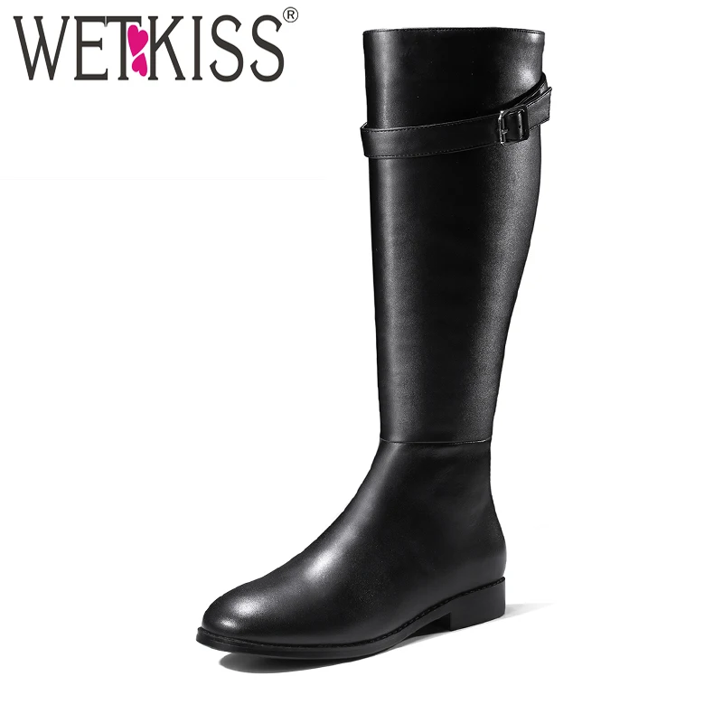 

WETKISS High Quality Rubber Sole Riding Boots Designer Buckle Knee Boots Winter 2018 New Style Square Heel Female Shoes Woman