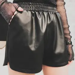Женский, черный из искусственной кожи шорты 2019 Новый Демисезонный Высокая талия эластичные с карманом свободные Повседневное Szorty женский