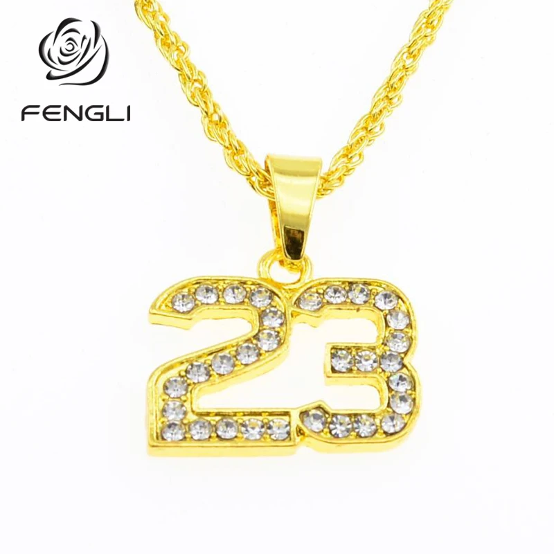 FENGLI 23 Letter Gold Necklaces&Pendants Gold Unique Basketball Men Necklace Punk Sports Star Crystal Chain Choker Collar