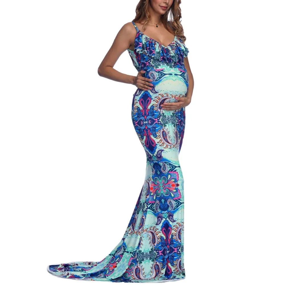 

Elegant Pregnancy Dress Floral Spaghetti Strap Trailing Long Dress for Pregnant Women Vintage Maternity Dresses for Photo Shoot