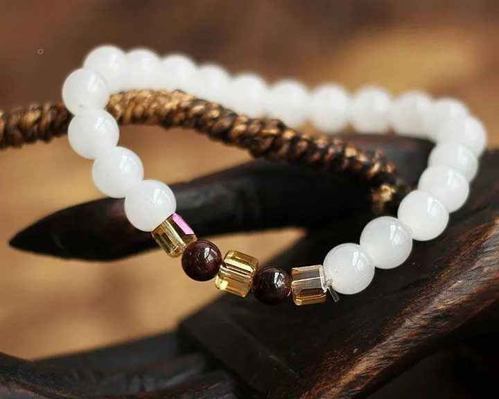 Браслеты и Обручи из натурального белого халцедона с гранатом 7 мм|bracelet fashion|bracelet