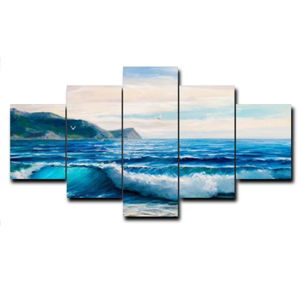 

5 Panel Wave Sea Outside Posters and Prints Wall Artwork Vintage Canvas Painting for Living Room Home Decoration No Frame