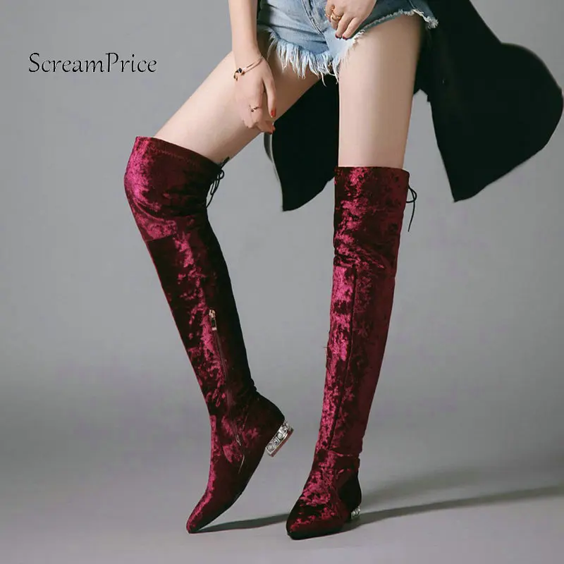 

Velvet Comfort Low Heel Side Zipper Winter Over The Knee Boots Fashion Pointed Toe Stretch Boots Winter Thigh Boots Black