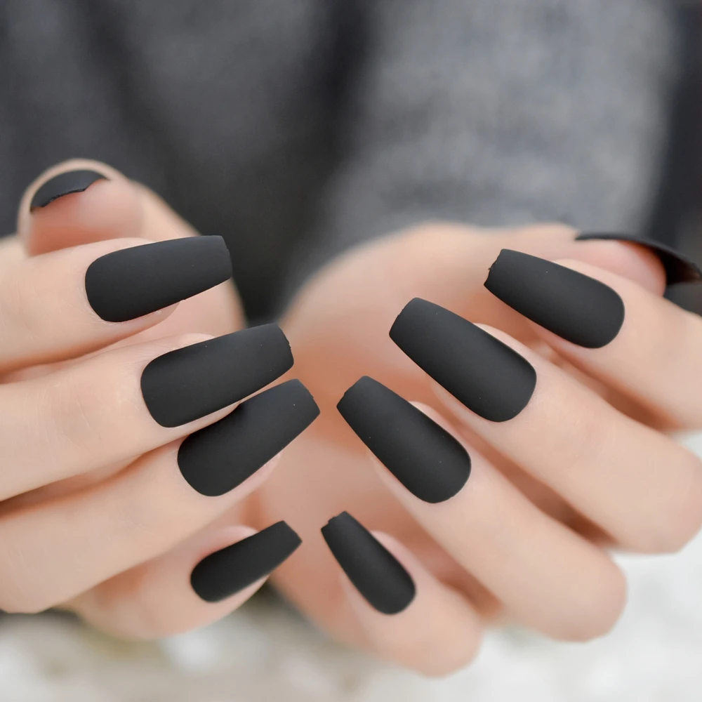 Угольный черный гроб длинные матовые ногти гладкие матовые Vogue Леди палец ногтей балерины полное покрытие ногтей