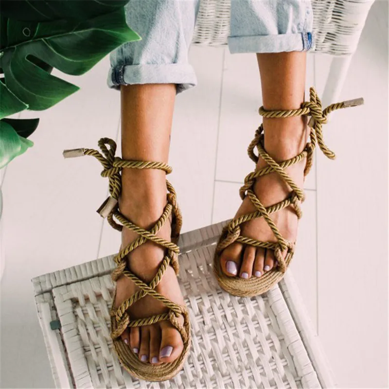 

Summer Shoes Women Sandals Lace Up Flat Sandals Lady Hemp Rope Patchwork Slippers Cross Tied Gladiator Sandalia Feminina 2019