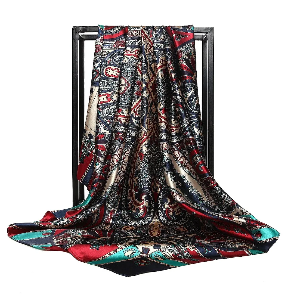 Принт атласный, Шелковый платок Женский 90x90 см квадратный обёрточная бумага шаль Бандана головы большой хиджаб шарфы для женщин хиджаб для женщин A26