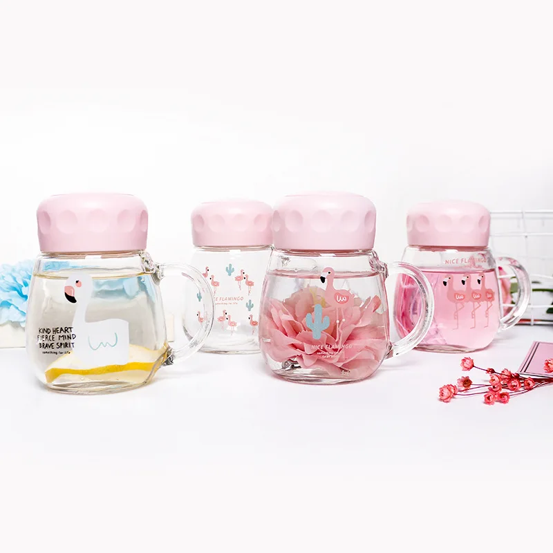 

Cartoon Flamingo 350ml Heat-resistant Glass Outdoor Portable Water Bottle Students' Fashion Health Tumbler With Cover pb-free