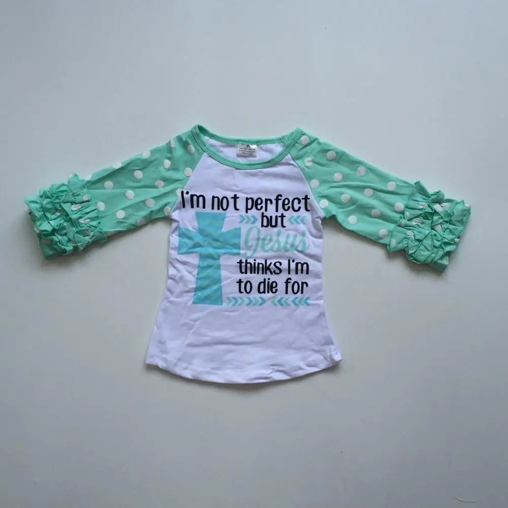 

fall/winter baby girls Jesus cross I'm not perfect mint polka dot cotton boutique top T-shirt reglans clothes icing sleeve
