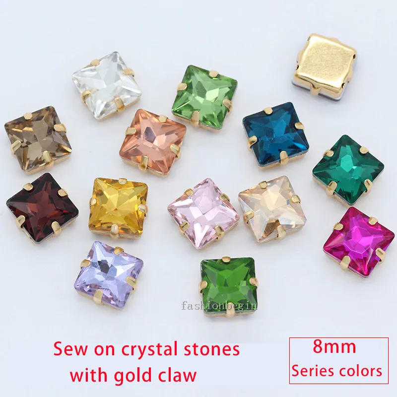 

50p 8mm color square sewing on glass strass stone costume dress applique crystal claw rhinestones jewels gold setting craft Gems