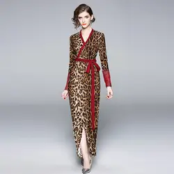 Взлетно-посадочной полосы Leopard Обёрточная бумага платье Для женщин Платья.Осень-зима с длинным рукавом Вечерние шнуровка плюс Размеры