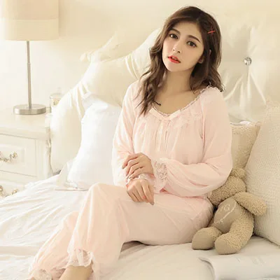 Кружевные пижамные комплекты, пижама с длинным рукавом, сексуальная Женская Удобная Домашняя одежда, винтажная Домашняя одежда, пижамы для женщин - Цвет: pink