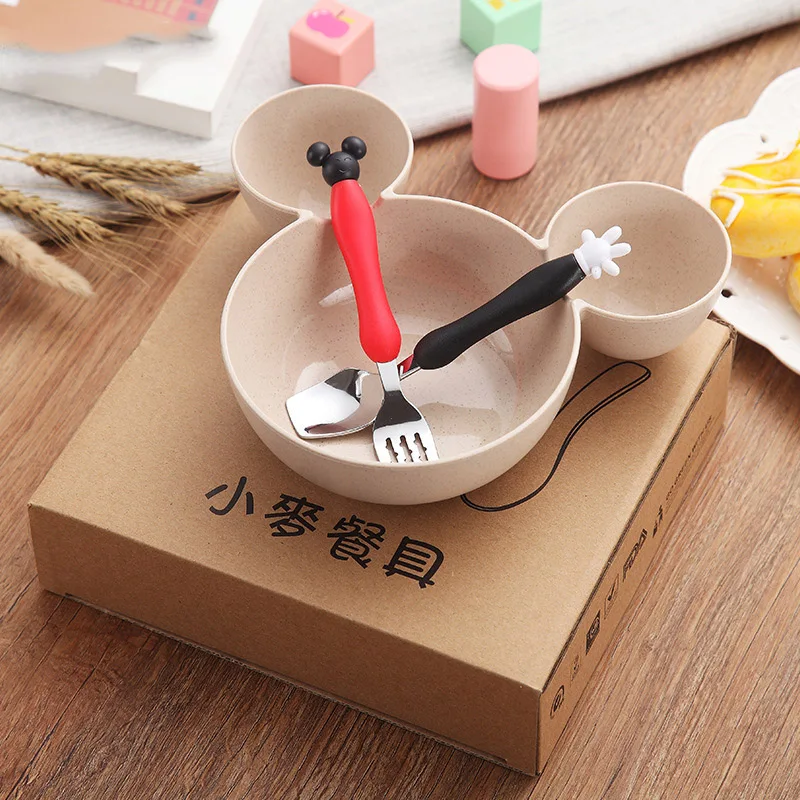 

3pcs/sets Children's Wheat Tableware Set Newborn Baby Girl Boy Straw Bowl Spoon Fork Plate Fork Cartoon Baby Dishes For Kids