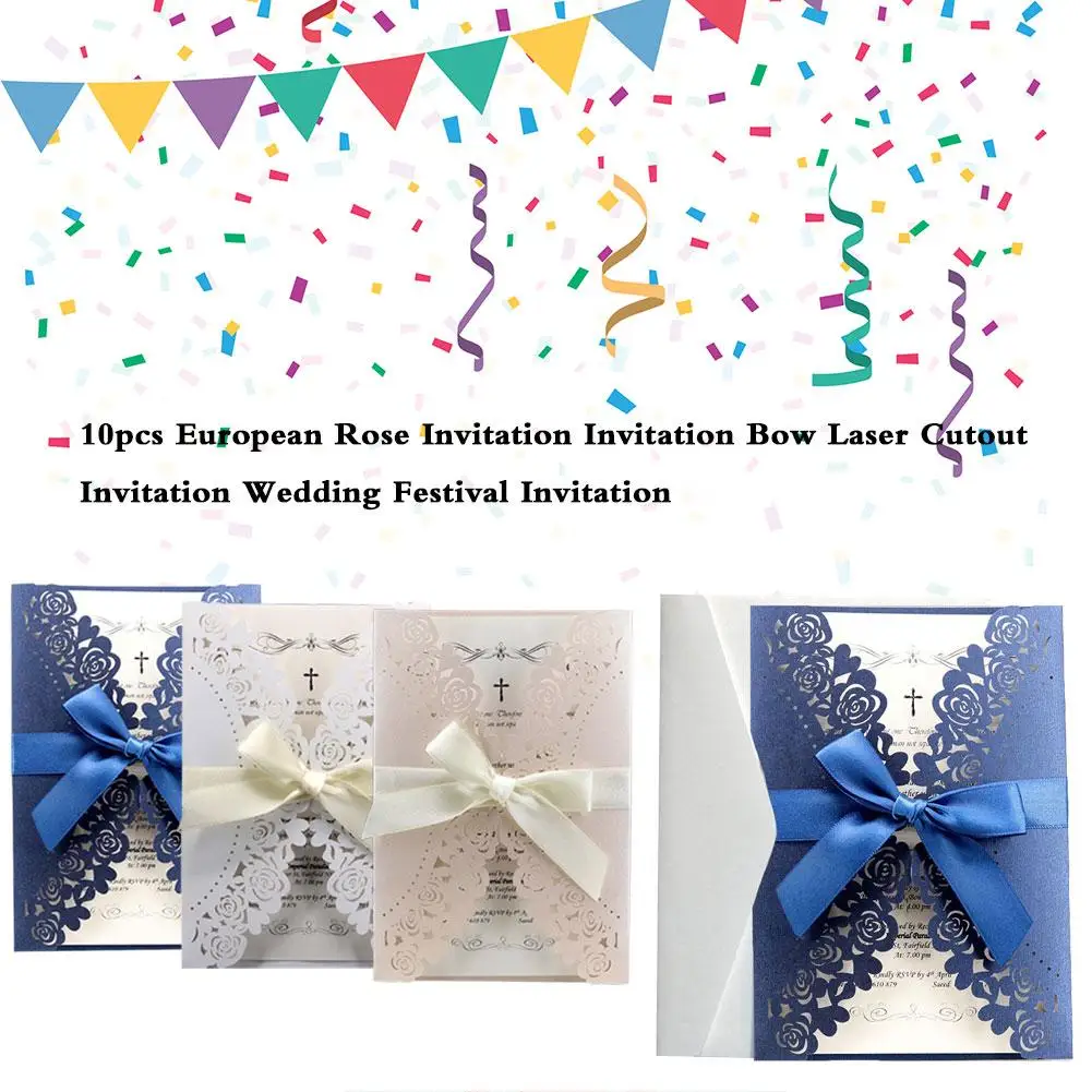  10PCS/ Set European Style Elegant Invitation Cards Rose Greeting Bowknot Hollow Print Envelopes Wed - 33031223318