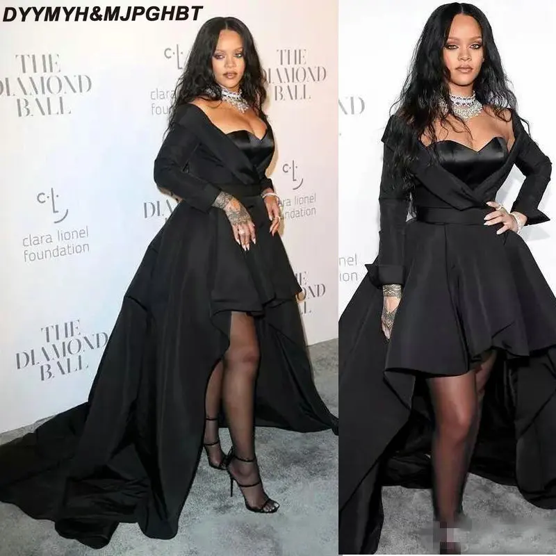 

New Long Black Gothic Evening Dresses 2019 Off Shoulder Long Sleeve Asymmetrical Rihanna Pageant Party Gowns