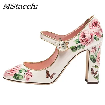 

MStacchi Rose Flower Printed Leather Women Shoes Round Toe Block High Heels Party Prom Footwear Cute Kitten Buckle Shoes Woman